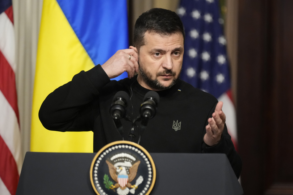 Ukrainian President Volodymyr Zelenskyy speaks at a news conference with U.S. President Joe Biden in the Indian Treaty Room in the Eisenhower Executive Office Building near the White House, Tuesday, Dec. 12, 2023, in Washington. Source: AP Photo/Andrew Harnik