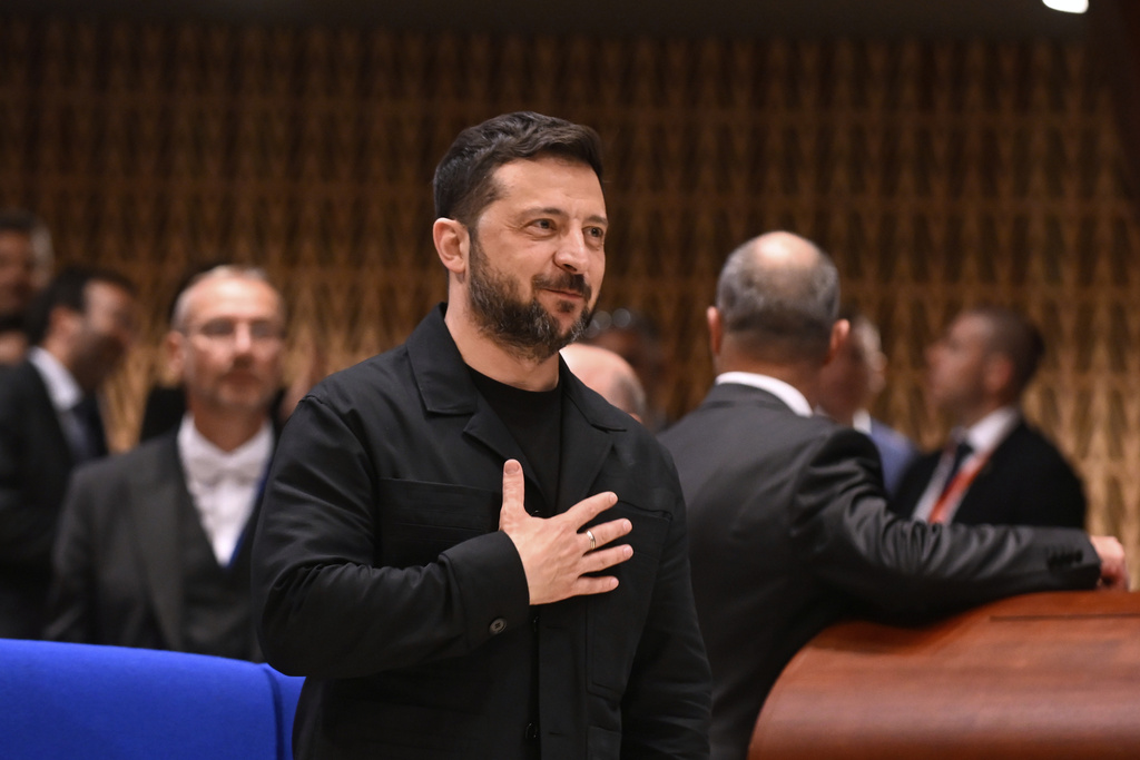Ukraine's President Volodymyr Zelenskyy in the Council of Europe after signing the legal instruments necessary to launch the Special Tribunal for the Crime of Aggression against Ukraine, in Strasbourg. Source: AP, Pascal Bastien