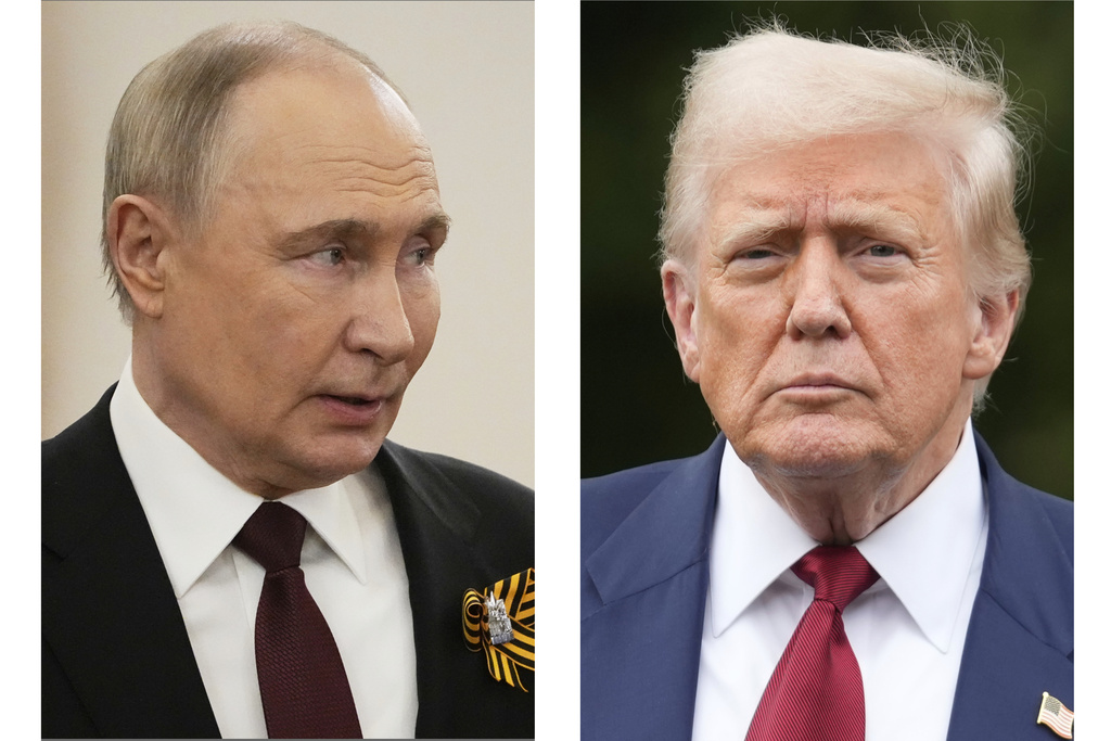 This combination of photos shows Russian President Vladimir Putin, left, in Moscow on May 9, 2025, and President Donald Trump in Washington on Aug. 1. Source: AP Photo/Alexander Zemlianichenko,  Mark Schiefelbein