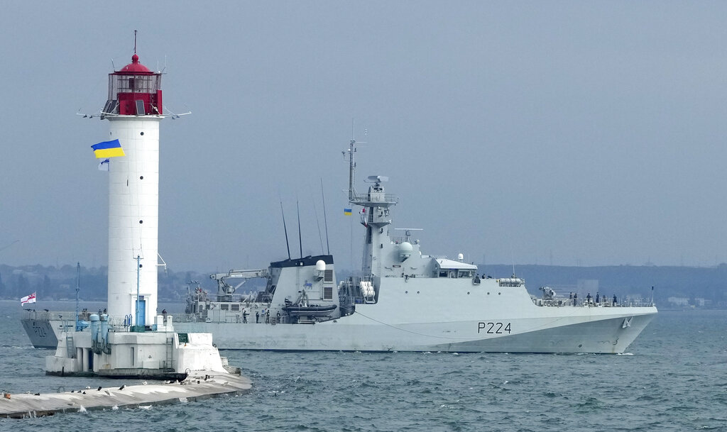 A view of the Britain's Royal Navy patrol ship OPV "Trent" in the Black Sea, Wednesday, July 7, 2021 during Sea Breeze 2021 maneuvers. Ukraine and NATO have conducted Black Sea drills involving dozens of warships in a two-week show of their strong defense ties and capability following a confrontation between Russia's military forces and a British destroyer off Crimea last month. Source: AP/Efrem Lukatsky