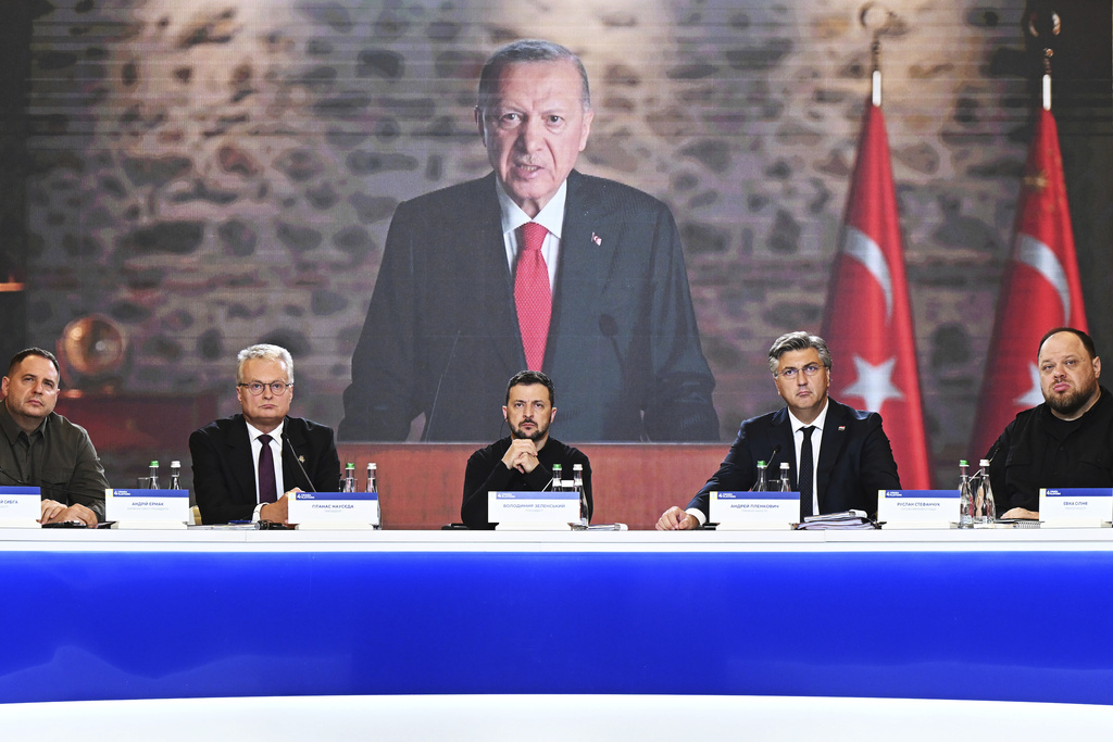 President of Ukraine Volodymyr Zelenskyy, front center, looks on as the President of Turkey, Recep Tayyip Erdogan, calls in via video during the Fourth Crimea Platform Leaders Summit in Kyiv, Ukraine, Wednesday, Sept. 11, 2024. Source: Leon Neal, AP