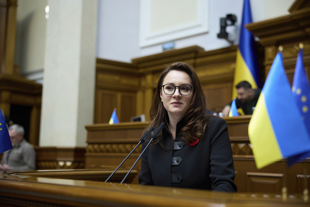 Vice Prime Minister and Minister of Economy of Ukraine Yuliia Svyrydenko speaks at Verkhovna Rada before the vote for ratification of the Minerals Agreement between Ukraine and United States in Kyiv, Ukraine, on Thursday, May 8, 2025. AP Photo/Vadym Sarakhan
