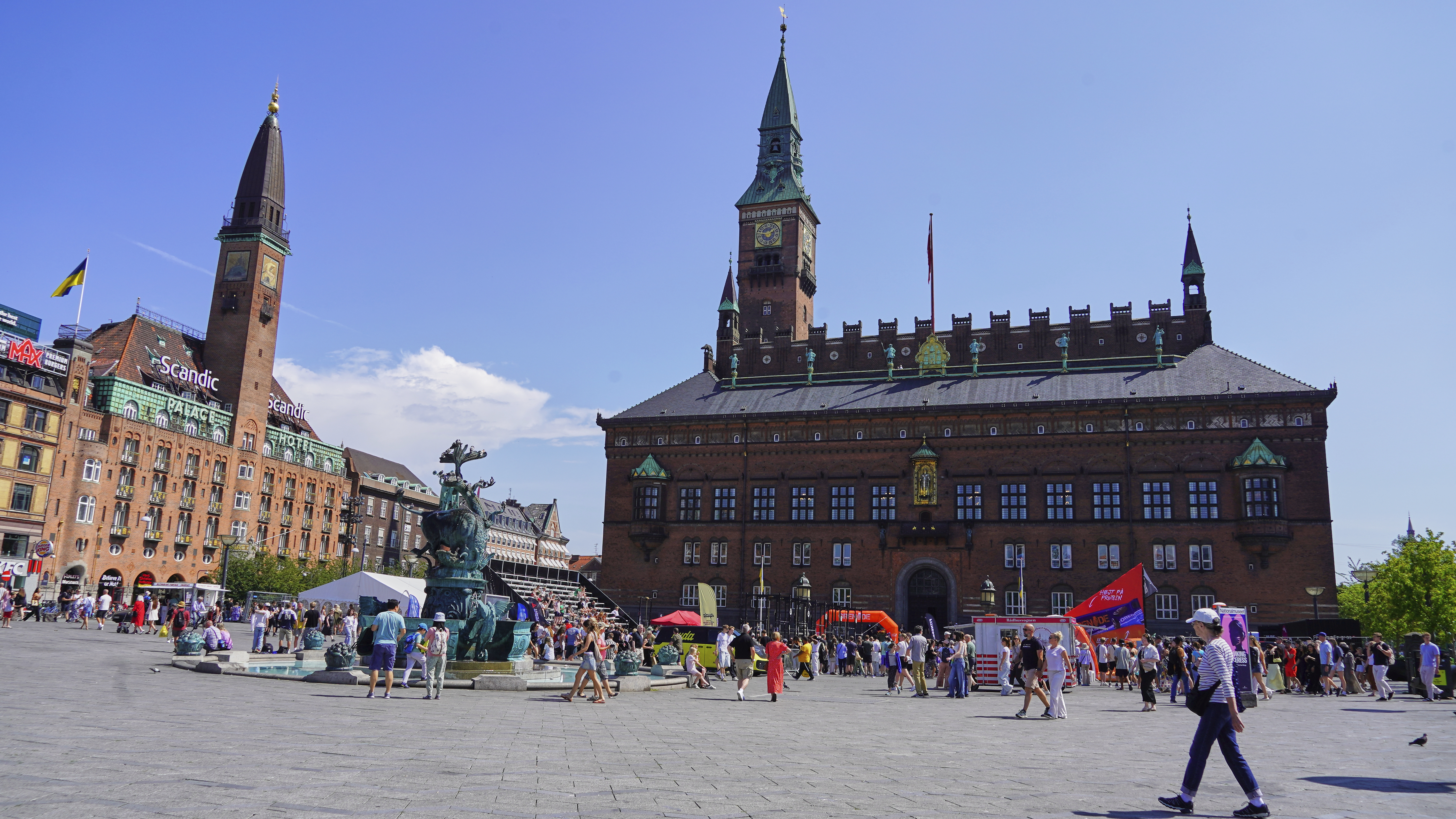 People gather in front of the Copenhagen City Hall in Copenhagen, Denmark. Friday 18 July 2025. Source: AP Photo